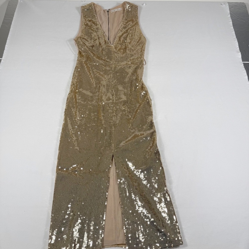 Alice + Olivia Sequin Maxi Dress Gold V-Neck Slit Gala Sparkle Glam Statement - Picture 16 of 16